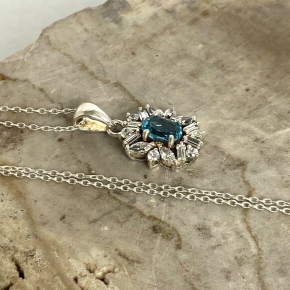 Sterling Silver 925 Blue Topaz CZ Halo Pendant Necklace 18" Cable Chain - Picture 16 of 16